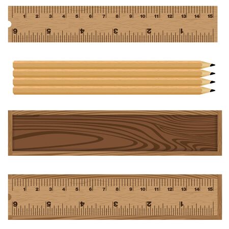 Ruler, pencil and box on a top view. Wooden object box set.のイラスト素材