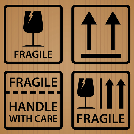 Fragile shipping label symbol on brown cardboard texture background.のイラスト素材
