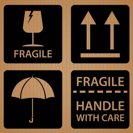 Fragile shipping label with Black symbol of Packaging on brown cardboard texture background.のイラスト素材