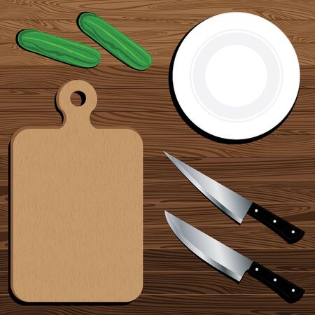 Cutting Board With Knife And Cucumber on brown Lath boards background.のイラスト素材