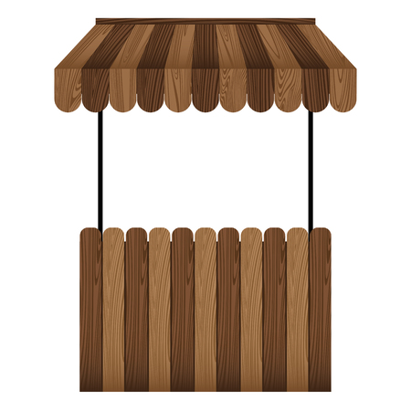 Wooden market stall and dark brown awning isolated on white background.のイラスト素材