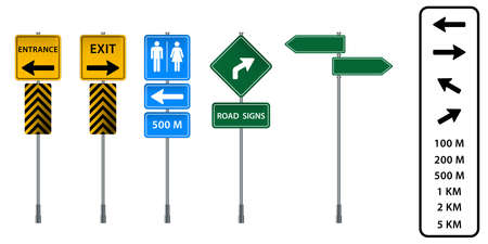 Set of road signs isolated on white background. Exit signs and bathroom signs.のイラスト素材
