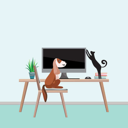 Work from home with dogs and cats. Work equipments are in the blue room.のイラスト素材