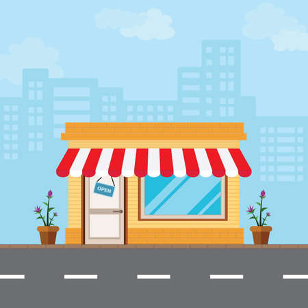 Shop in the front style is located along the road amidst the vast capital city.のイラスト素材