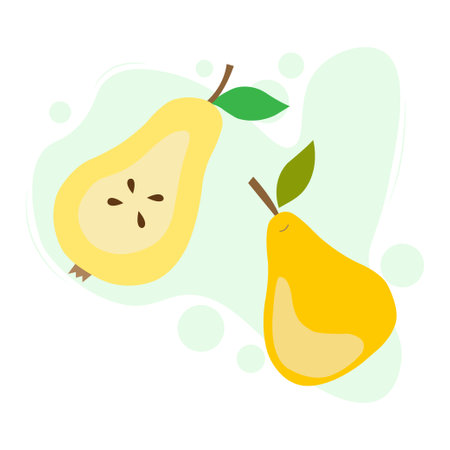 Vector illustration of a pear. Cute fruit in flat style, cartoon, hand draw. Two pears: whole and half cut. Composition for a postcard, cover, packaging, banner, poster. natural healthy productのイラスト素材