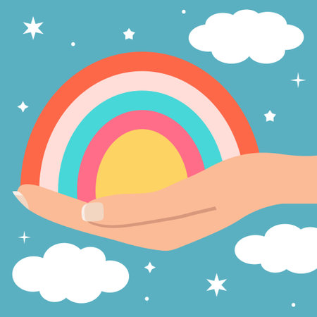 Vector square poster - rainbow in hand, rainbow in palm. Inspirational interior poster for kids room, bedroom, living room. Magic vibes, sky, clouds, stars. Painting in style of flat, cartoon, hand drawのイラスト素材