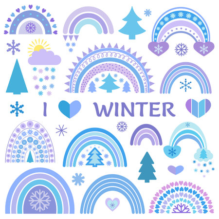 Winter vector rainbow collection in flat style. Cute illustration in blue on the theme of Christmas, New Year, cozy winter. Rainbows, snowflakes, trees, heartsのイラスト素材