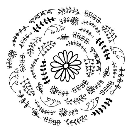 Vector floral doodle mandala. Collection of flowers and leaves. Ready emblem, logo, sticker, coloring books, poster, banner. For the design of surfaces, textiles, packaging, backgrounds. subject natureのイラスト素材
