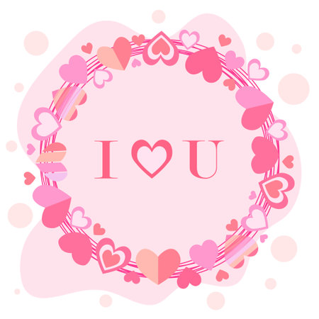 Cute vector poster I Love U. Round frame of hearts for Valentine's Day. Template for greeting card, invitation, cover, lettering. Collection of pink heartsのイラスト素材