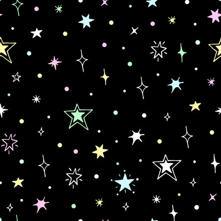 Vector seamless pattern of night starry sky. For design of surfaces, prints, wrapping paper, postcards, posters, printing. Theme space, Cosmonautics Day, astronomy, sky, starsのイラスト素材