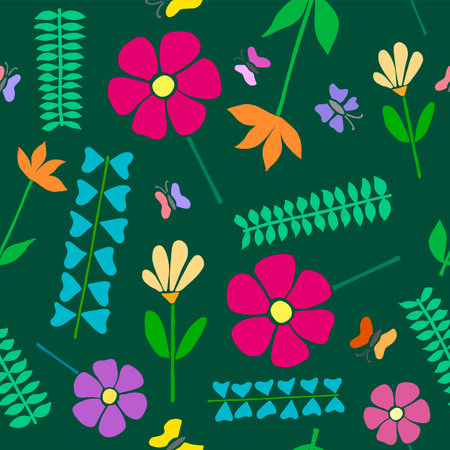 Bright vector seamless pattern of flowers and butterflies. Fashionable print for textiles, printing, digital paper, packaging. Use for design, decor, scrapbooking, needleworkのイラスト素材