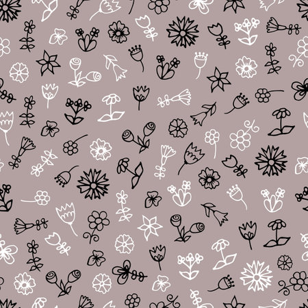 Vector seamless pattern of spring flowers. Digital scrap paper. Simple flowers are hand drawn in doodle style. For the design of surfaces, textiles, packaging, backgrounds. Children's themeのイラスト素材