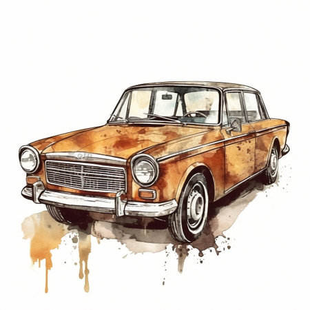 old retro car. Watercolor illustration in sketch style. Car, transport, vintage. To create postcards, posters for printing, prints. AI generated.の素材