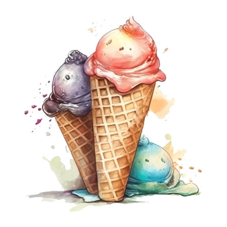 Delicious tasty ice cream. watercolor illustration. Dessert, delicacy, sweet. To create postcards, posters for printing, prints. generated AI.の素材
