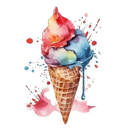 Delicious tasty ice cream. watercolor illustration. Dessert, delicacy, sweet. To create postcards, posters for printing, prints. generated AI.の素材
