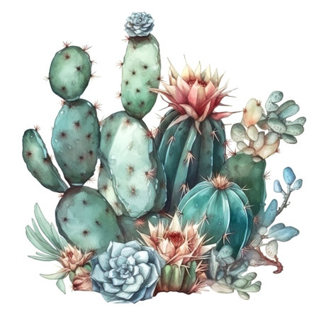 Watercolor illustration of a cactus. Houseplant, desert, succulent. For creating posters, stickers, postcards, prints, sublimations. AI generatedの素材