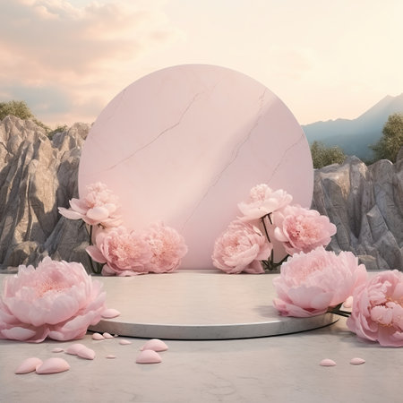 Pink stone podium with peonies for product display. Scene for cosmetics, books, equipment, thingsの素材