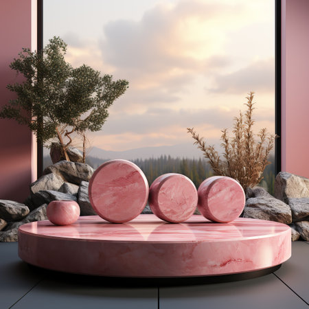 Empty stage for product. Podium, pedestal, place for product demonstration. Minimalism, stones, pink marble, leaves, plants, natureの素材
