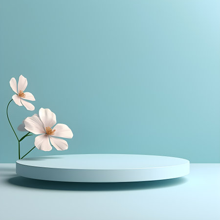 Empty round stage for product. Podium, pedestal, place for product demonstration, platform. Minimalism, voluminous flowers, blue pastel colorの素材
