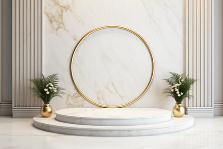 Minimalist white marble stage for product display. Podium, pedestal, exhibition, empty spaceの素材