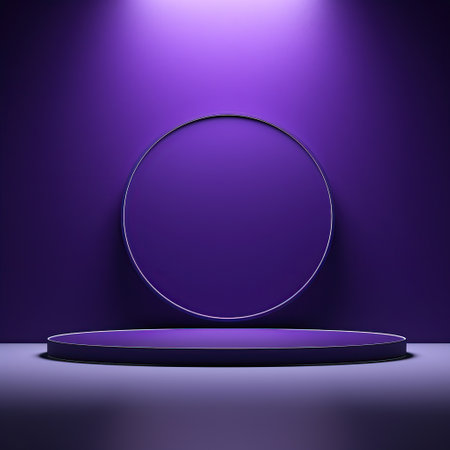 Round neon glowing podium, stage, pedestal. Empty advertising platformの素材