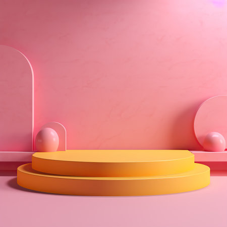 Stage, podium, empty pedestal for displaying objects and advertising goods, yellow, pink, glossyの素材