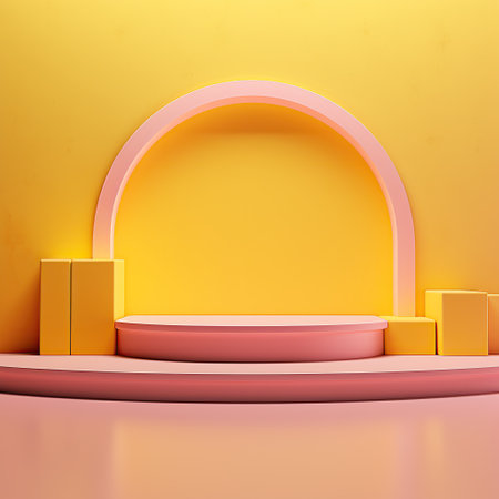 Stage, podium, empty pedestal for displaying objects and advertising goods, yellow, pink, glossyの素材