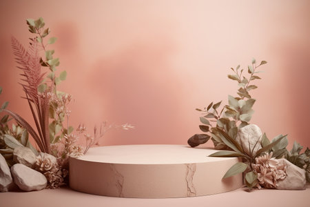 Empty podium made of pastel beige pink stone. Scene, stand with flowersの素材