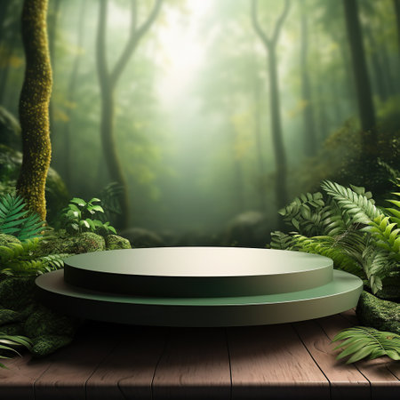 Round green podium scene in jungle tropical leavesの素材