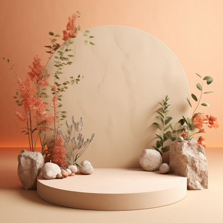 Empty podium made of pastel beige pink stone. Scene, stand with flowersの素材