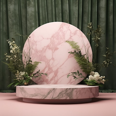 Light marble podium for goods with flowers and leavesの素材
