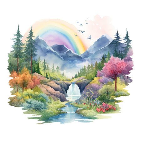 Bright watercolor landscape, rainbow nature illustration, forest, mountains, treesの素材