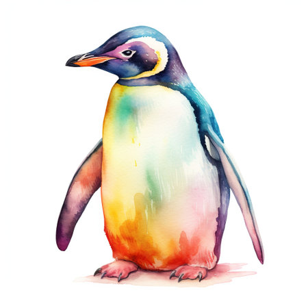 Colorful image of penguin, watercolor illustration isolated on white backgroundの素材
