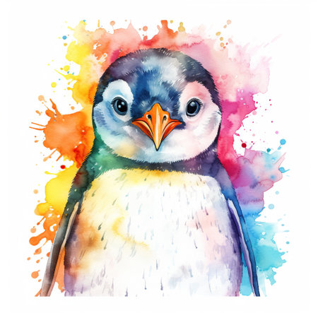 Colorful image of penguin, watercolor illustration isolated on white backgroundの素材