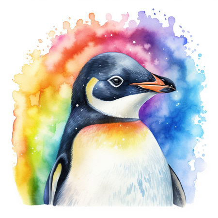 Colorful image of penguin, watercolor illustration isolated on white backgroundの素材
