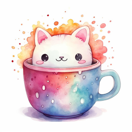 Cute watercolor illustration of kitten in a mug in kawaii styleの素材