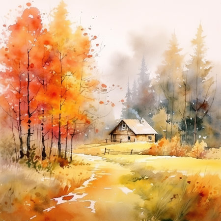 Watercolor autumn landscape, watercolor painting, leaf fallの素材