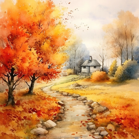 Watercolor autumn landscape, watercolor painting, leaf fallの素材