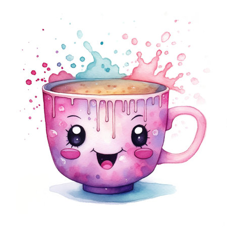 Cute watercolor illustration of a mug in kawaii styleの素材