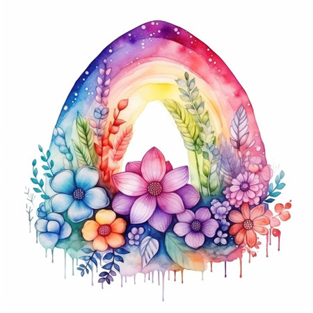Watercolor rainbow illustration, floral art, clipart, single element for design on white backgroundの素材