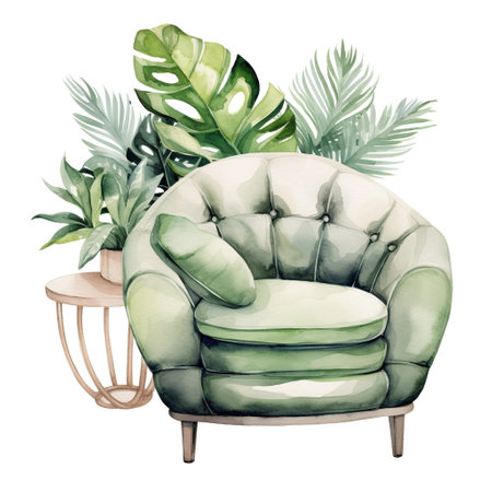 Watercolor illustration of a modern armchair in retro style. Single element, clipart, boho, cozyの素材