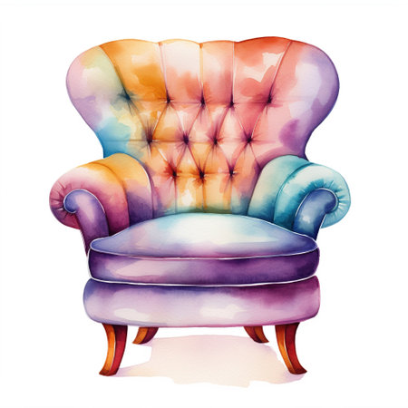 Watercolor illustration of a modern armchair in retro style. Single element, clipart, boho, cozyの素材