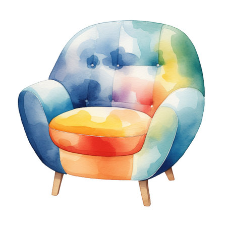 Watercolor illustration of a modern armchair in retro style. Single element, clipart, boho, cozyの素材