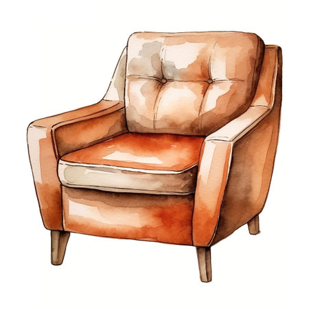 Watercolor illustration of a modern armchair in retro style. Single element, clipart, boho, cozyの素材