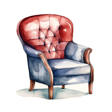 Watercolor illustration of a modern armchair in retro style. Single element, clipart, boho, cozyの素材