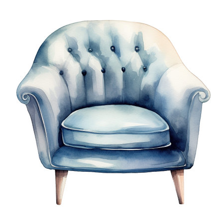 Watercolor illustration of a modern armchair in retro style. Single element, clipart, boho, cozyの素材