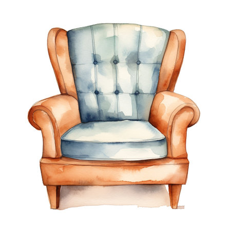 Watercolor illustration of a modern armchair in retro style. Single element, clipart, boho, cozyの素材