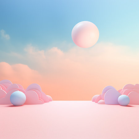 Abstract background of pastel colors, clouds, balls, pink, blue. Podium, stage for displaying objectsの素材