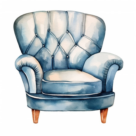 Watercolor illustration of a modern armchair in retro style. Single element, clipart, boho, cozyの素材