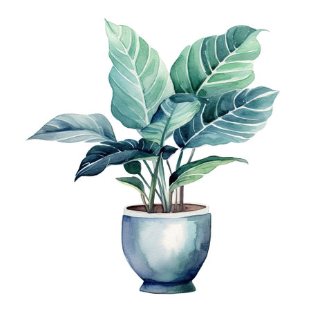 House plant in pot, watercolor illustration, isolated clipart on white background, green leaves, flowerの素材